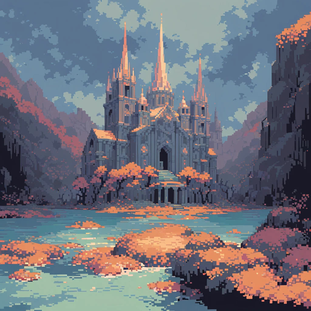 The prompt for generating a pixel art could be: "pixel art,(best quality, high resolution, detailed),(retro, nostalgic) colors,8-bit style,crisp lines and edges,small canvas,blocky pixels,limited color palette,low-fi graphics,dark colors,iconic pixel characters, catedral, undead"