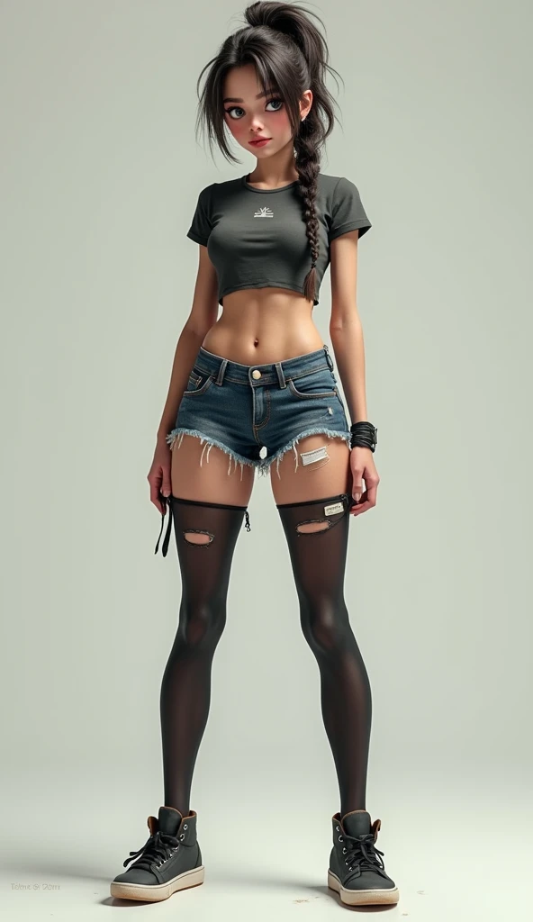 girl in rubber stockings and denim cut-offs and t-shirt and sneakers