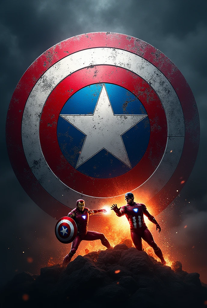 Bayern Munich shield invited with Captain America&#39;s shield, Below the fight between Iron Man and Captain America with a dark background 
