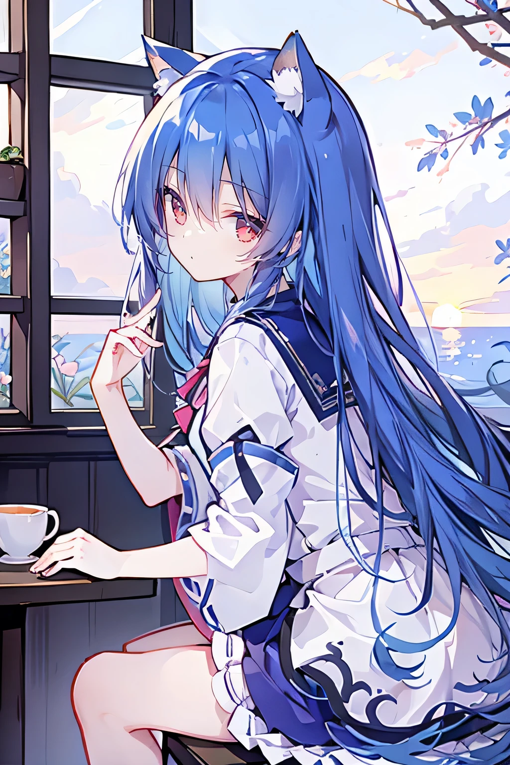 （masterpiece：1.2），Super detailed，lifelike，Expressive eyes，fair skin，perfect face shape，1 girl，
Japanese comics,Gorgeous blue hair,flowing blue hair,flowing clothes,Cat ears,Petals fall,beautiful lola,Baby Angel,
Shaking head with one hand，Cross your legs，，The pavilion is cool and comfortable,smile,back views,sunrise,Petals fall,sunrise，sitting on window sill drinking coffee and looking out the window。