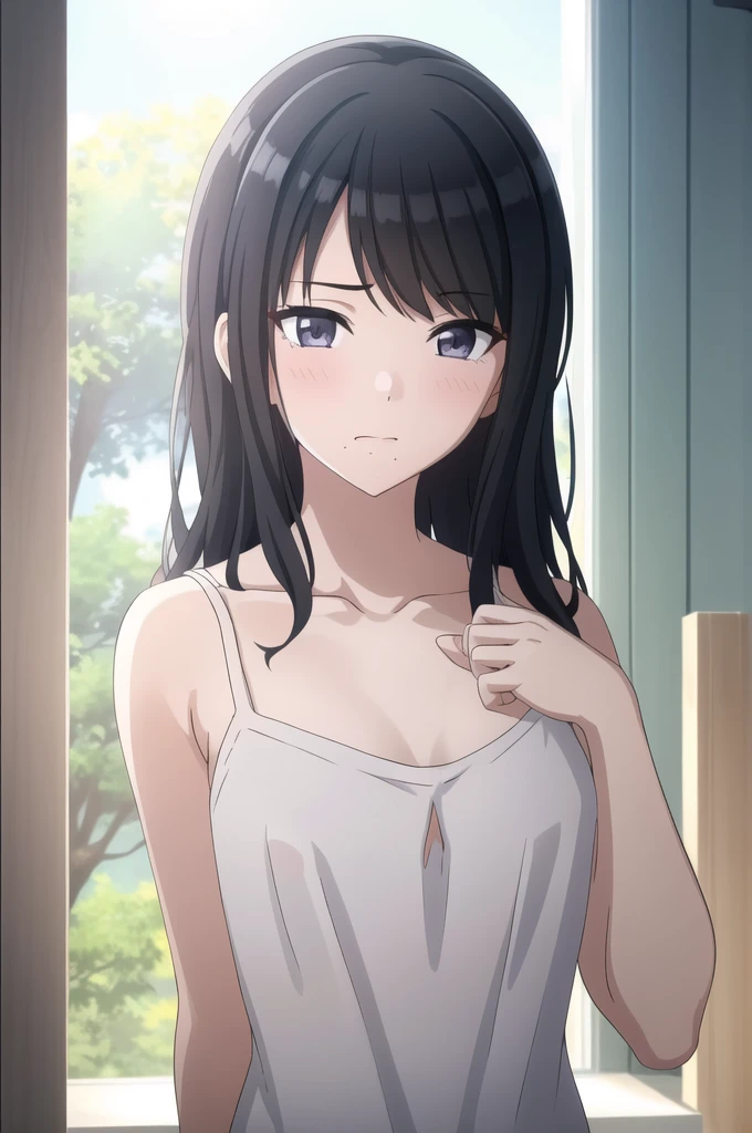 masterpiece, high quality, 8k, Beautiful lighting,sunny day, 1 girl, alone, Hiori said, ,,((Detailed white camisole)), Erect nipples,（（Detailed eyes:1.5））,（（close:1.5））,,, ((Upper Body)),((Slender body)),,Detailed face,((Flat Chest)),,Squint your eyes,blush,View your audience, Perfect nipples, detailed Erect nipples, Long Bangs,