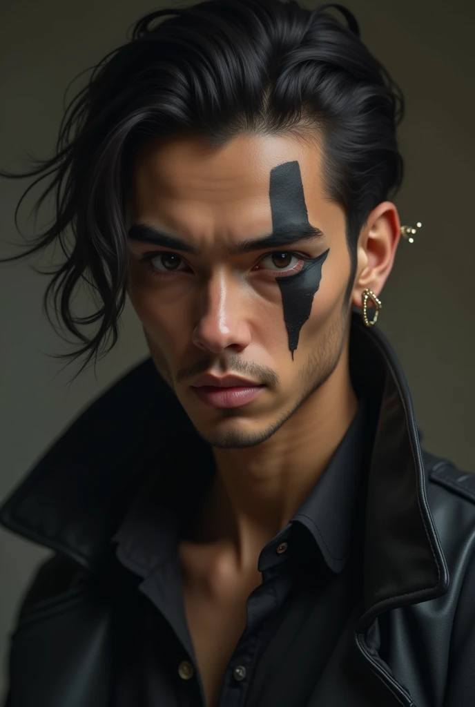 Man with flow light brown complexion, with a stripe on the eyebrow and piercing in the ear