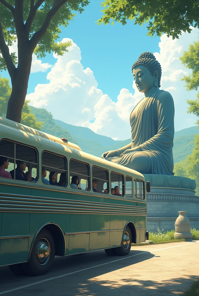 A bus near a Buddha statue
