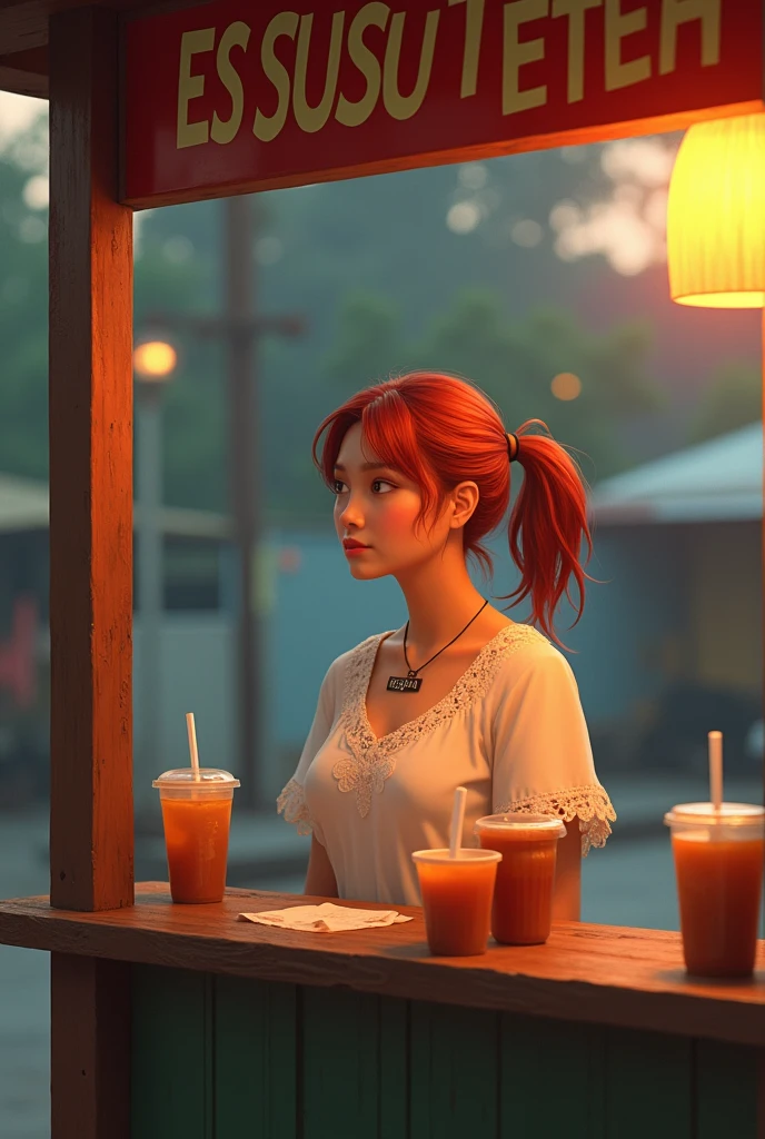 realistic photo shows a 28 year old Sundanese girl selling iced tea. She was wearing a knee-length white house dress, chubby, her hair was dyed slightly reddish, tied in a ponytail, wearing a necklace that said "putra" She was in a simple booth that was marked "ES SUSU TETEH" in big letters and spelled correctly. Late afternoon atmosphere, illuminated by the setting sun. very detail.