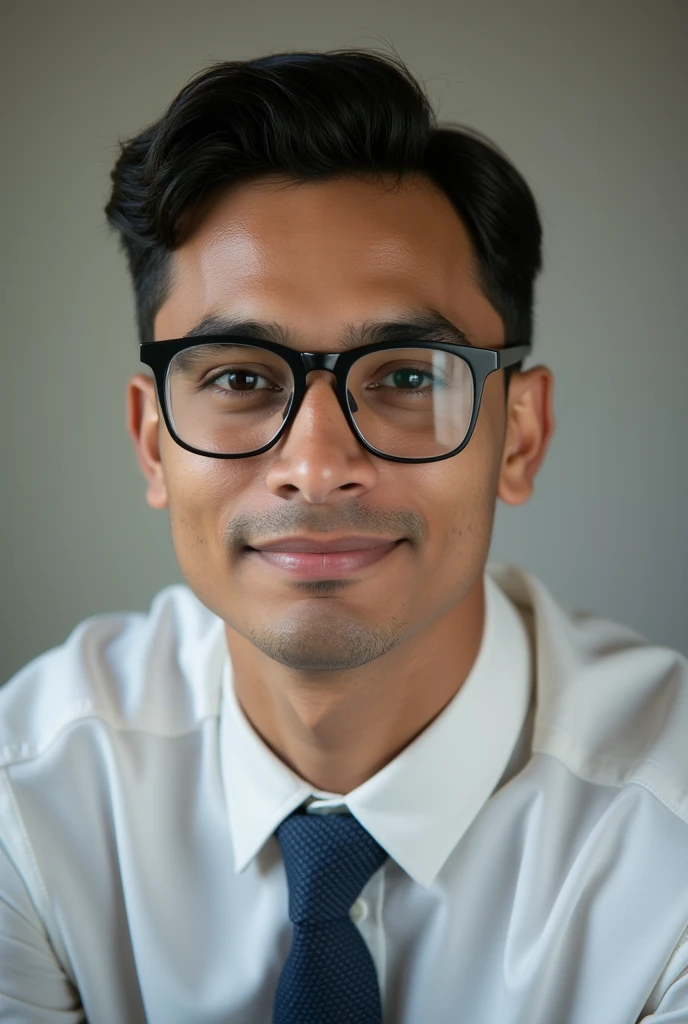 21 year old Indian boy with fair skin wearing spectacles and narrow body posing for a LinkedIn picture in formals