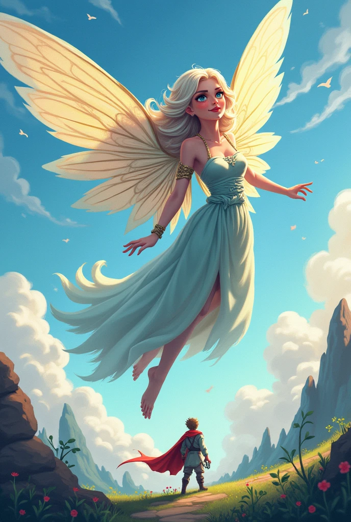 pixel art animeA giant ancient great fairy soars through the air with her fairy wings and sassy expression. She is looking with a cheeky face to a little hero in the bottom. The vivid painting captures every intricate detail of the fairy's delicate features, making it a mesmerizing work of art that truly brings the fantasy world to life