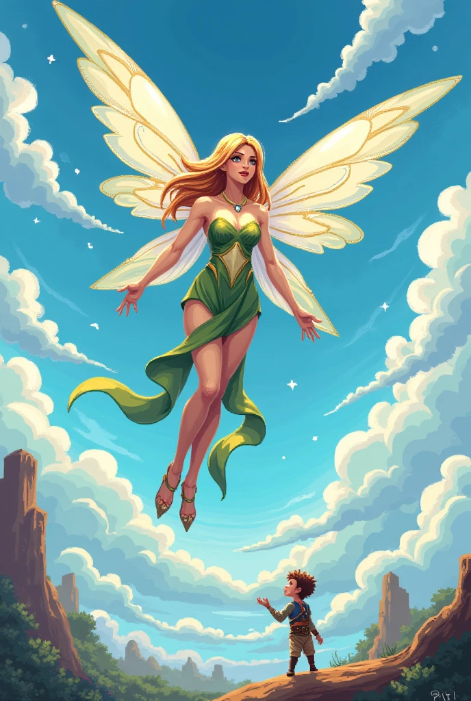 pixel art animeA giant ancient great fairy soars through the air with her fairy wings and sassy expression. She is looking with a cheeky face to a little hero in the bottom. The vivid painting captures every intricate detail of the fairy's delicate features, making it a mesmerizing work of art that truly brings the fantasy world to life