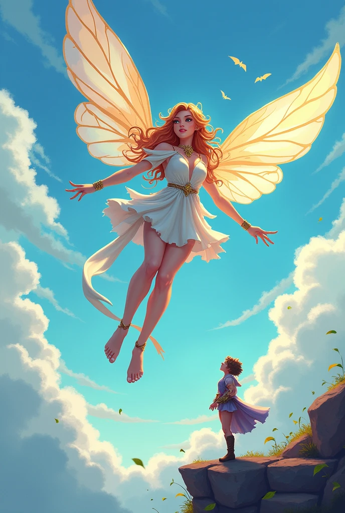 pixel art animeA giant ancient great fairy soars through the air with her fairy wings and sassy expression. She is looking with a cheeky face to a little hero in the bottom. The vivid painting captures every intricate detail of the fairy's delicate features, making it a mesmerizing work of art that truly brings the fantasy world to life