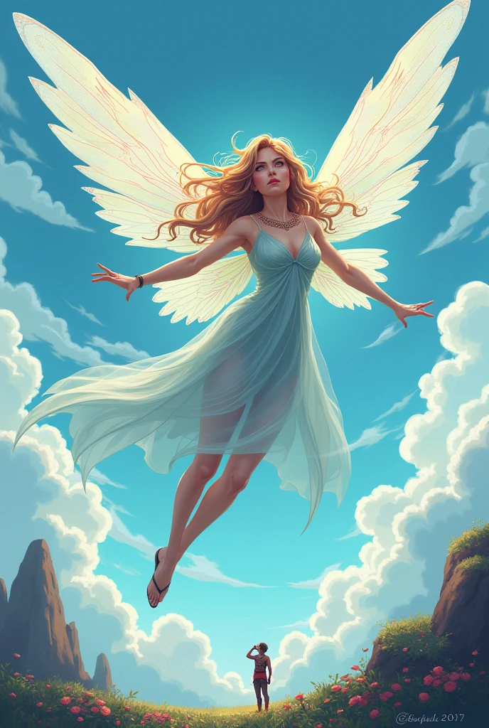 pixel art animeA giant ancient great fairy soars through the air with her fairy wings and sassy expression. She is looking with a cheeky face to a little hero in the bottom. The vivid painting captures every intricate detail of the fairy's delicate features, making it a mesmerizing work of art that truly brings the fantasy world to life