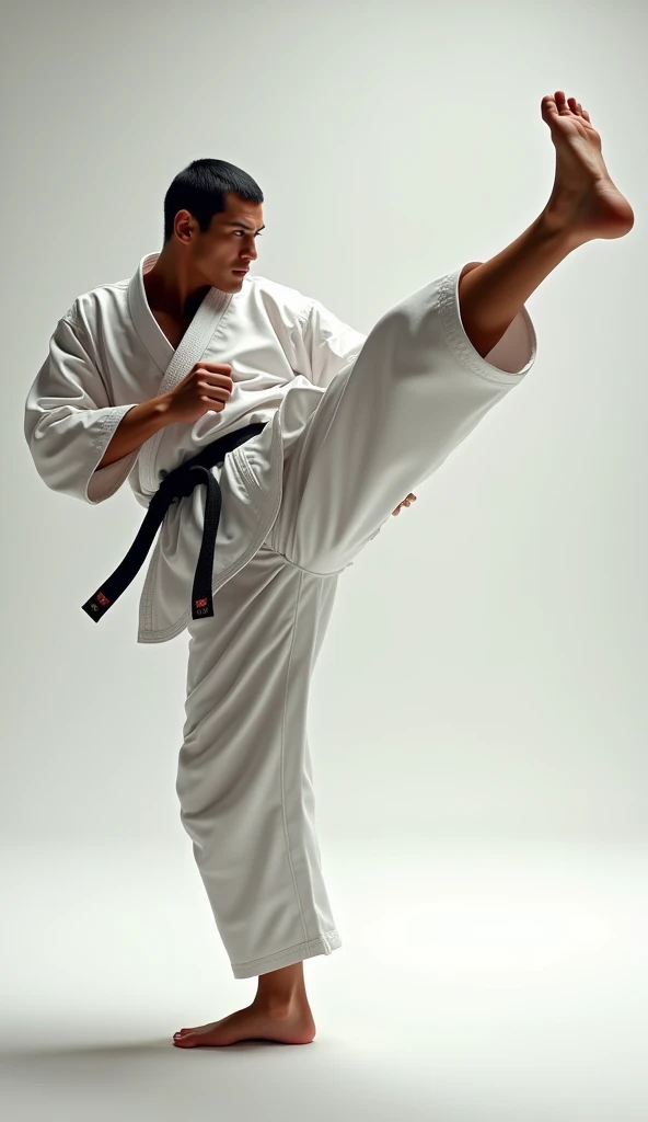 masterpiece, best quality, super detailed, whole body, wearing karate wear and fighting with high kick