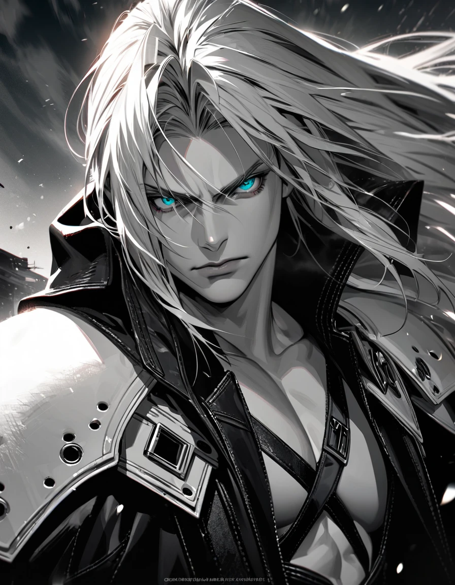 Ultra detailed, Highres, absurdres, HDR, Sephiroth, silver hair, Final Fantasy VII Remake, handsome, 1 man only, very detailed face and eyes , monochrome , serious