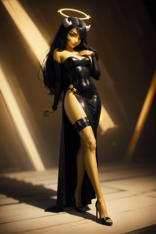 AliceAngel. bendy and the ink machine. halo, demon horns. yellow skin, long black hair. Black dress. Heels 