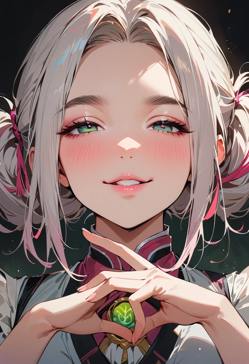 (masterpiece, best quality:1.4), 1 girl, 独奏, Colored pupils, Blurred eyes, Close your left eye, Smile, Look up and down, Pink lower lip, peace gesture, Green double ponytail hairstyle,  Royal sister, large breasts, Pure grey vest, Vision, black background.