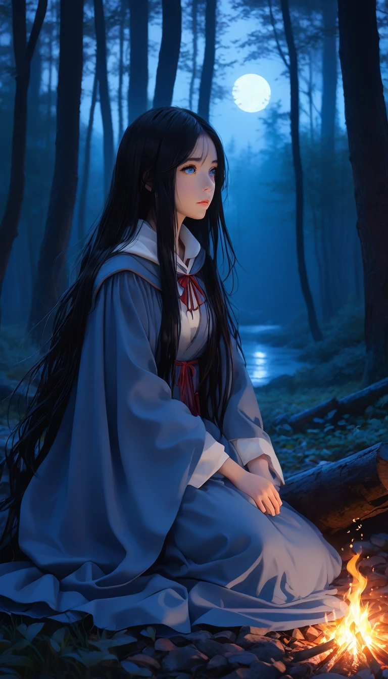 Super detailed: 1.2、Deep writing depth: 1.2、((Panorama, center, masterpiece, Highest quality: 1.2))、 (8k, RAW Photos, Highest quality), ((masterpiece:1.2)), Ultra-high resolution, アニメアート壁紙 8k、 (1 girl、Back view), Deep in the forest、When dusk approaches、The girl was sitting alone in front of the fire。Her name is Aria、Long black hair blowing in the wind、Clear blue eyes staring into the flames of the bonfire。Aria puts on her old cloak、I hugged my knees and soaked in the warmth of the fire。Silence spreads in the darkness of the night、With only the crackling of the bonfire echoing,、She gazed at the stars, pondering legends from long ago.。The blue light of the bonfire、It was as if I was summoning the mysterious beings lurking quietly in the depths of the forest.。
