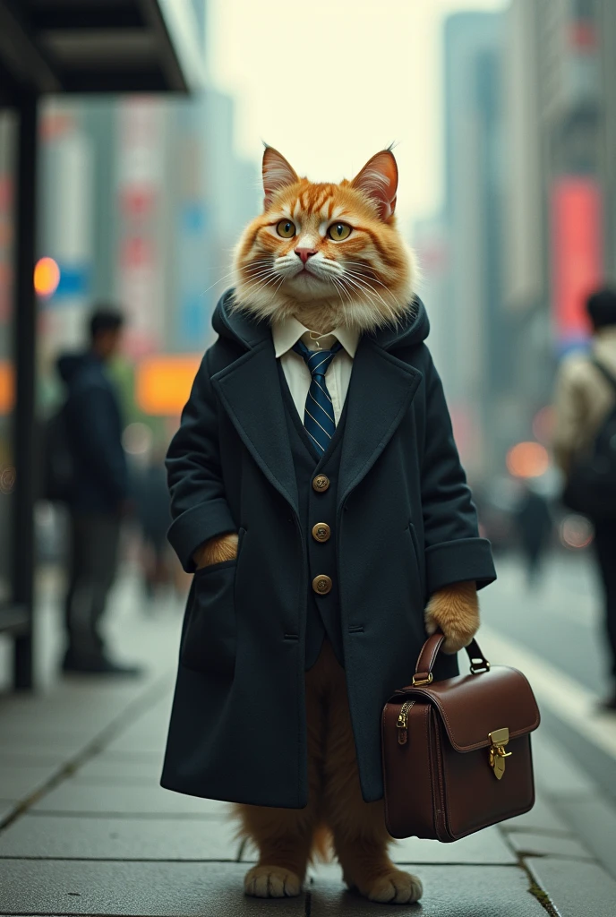 Shanghai,35mm lens,Multiple angles,Cat,Personification,Back,side,silhouette,Overhead shot,Cat,Standing,doll,Carrying a small school bag,Bus stop,Shanghai, cloak,Ruan Jia,Suit,tie, (Delicate face), (Fine fluffy fur),(35mm Cinema Lens),(Multi-angle shooting),(many viewing angles)