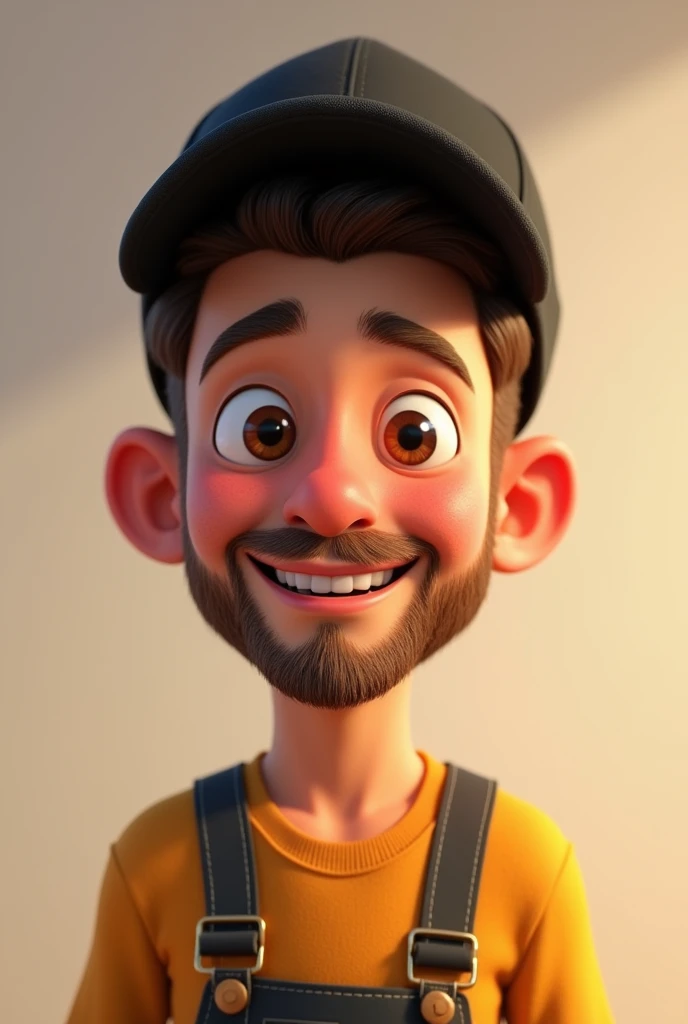 20 year old young man with a short beard with small brown eyes, small nose and a black cap and smiling Disney Pixar 3d style