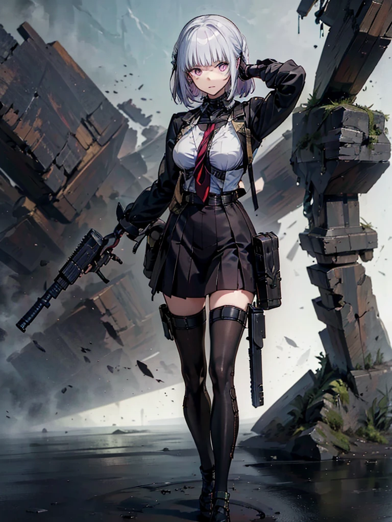 holding_gun, assault_rifle, 非常にdetailedな, Anime Style, whole body, alone, Stylish Gunfighter Girl, Holding a steampunk long barrel pistol,Standing in the wasteland, 8K high resolution, White Background,  In the spotlight, The background is a dark and desolate landscape, Horror movie atmosphere. Her figure is very beautiful, Emphasizing the dark and crazy elements. Skillfully expressing the effects of light and shadow, detailed, The face and expression of the black costume are also carefully drawn.....,(Tilt your head:1.2), ([sketch|watercolor \(Moderate\)]:1.15),Chaotic abstract background, Vector Trace, グラデーションブレンディング and whole body, Artistic elements add depth to the work. The overall atmosphere is creepy and nightmarish....., With a unique artistic touch. This movie is、The dark and crazy world of horror movies depicted in HD., Evoke visual stimuli and aesthetic sense