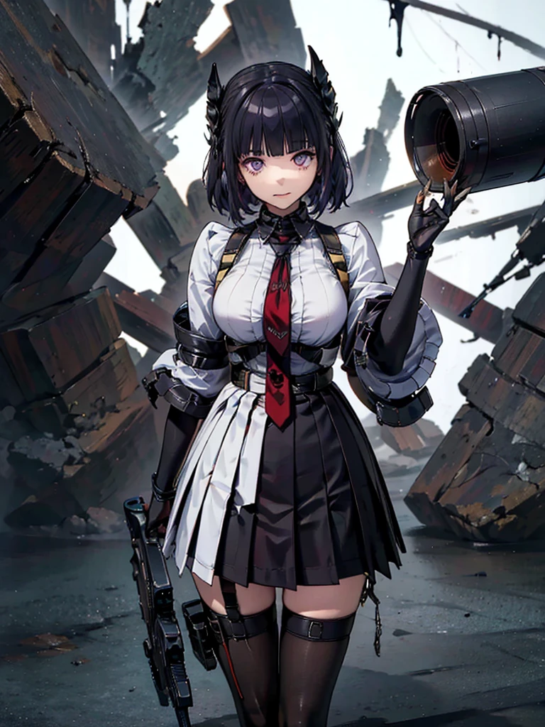 holding_gun, assault_rifle, 非常にdetailedな, Anime Style, whole body, alone, Stylish Gunfighter Girl, Holding a steampunk long barrel pistol,Standing in the wasteland, 8K high resolution, White Background,  In the spotlight, The background is a dark and desolate landscape, Horror movie atmosphere. Her figure is very beautiful, Emphasizing the dark and crazy elements. Skillfully expressing the effects of light and shadow, detailed, The face and expression of the black costume are also carefully drawn.....,(Tilt your head:1.2), ([sketch|watercolor \(Moderate\)]:1.15),Chaotic abstract background, Vector Trace, グラデーションブレンディング and whole body, Artistic elements add depth to the work. The overall atmosphere is creepy and nightmarish....., With a unique artistic touch. This movie is、The dark and crazy world of horror movies depicted in HD., Evoke visual stimuli and aesthetic sense