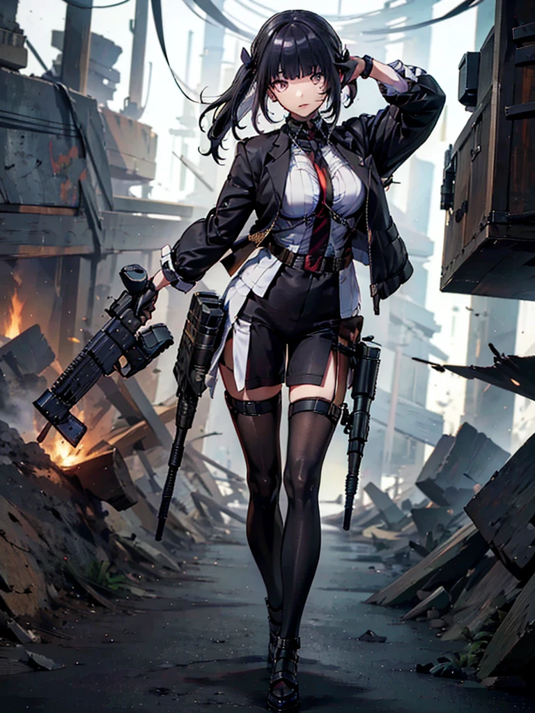 holding_gun, assault_rifle, 非常にdetailedな, Anime Style, whole body, alone, Stylish Gunfighter Girl, Holding a steampunk long barrel pistol,Standing in the wasteland, 8K high resolution, White Background,  In the spotlight, The background is a dark and desolate landscape, Horror movie atmosphere. Her figure is very beautiful, Emphasizing the dark and crazy elements. Skillfully expressing the effects of light and shadow, detailed, The face and expression of the black costume are also carefully drawn.....,(Tilt your head:1.2), ([sketch|watercolor \(Moderate\)]:1.15),Chaotic abstract background, Vector Trace, グラデーションブレンディング and whole body, Artistic elements add depth to the work. The overall atmosphere is creepy and nightmarish....., With a unique artistic touch. This movie is、The dark and crazy world of horror movies depicted in HD., Evoke visual stimuli and aesthetic sense