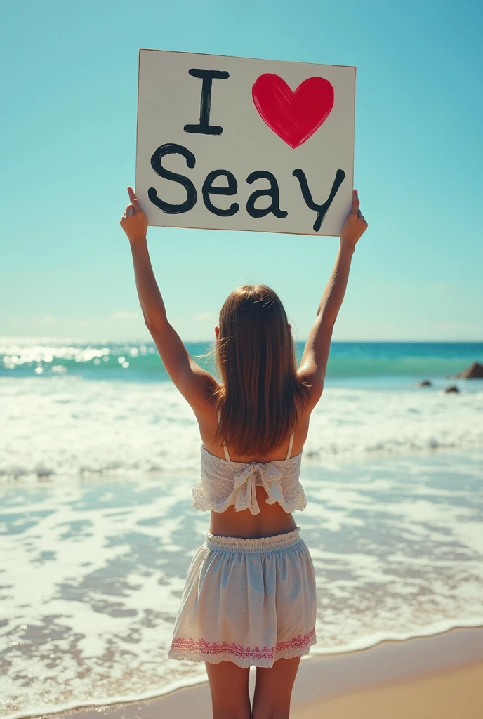 Hyperrealism,A girl holds up a sign that says I Love Seaart Infinity,Standing by the sea,Movie-quality images,Sunlight,Waves,Beach