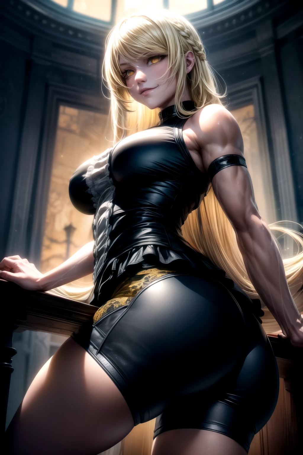 ddshinobu, vampire, (blonde hair:1.4), (yellow eyes:1.5), long hair, (large breasts:1.2), (huge ass:1.4), (Muscular Female),
BREAK ((bike shorts)), ((micro top:1.4)),
BREAK looking at viewer, sweaty body, ((smirk)), (sweaty:1.3), ((one leg up)), ((from below)), frontal view,
BREAK (masterpiece:1.2), best quality, high resolution, unity 8k wallpaper, (illustration:0.8), (beautiful detailed eyes:1.6), extremely detailed face, perfect lighting, extremely detailed CG, (perfect anatomy), 