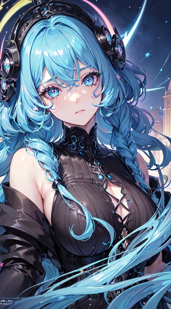 multicolored eyes, multicolored hair, bright Eyes, bright pupils, facial mark,(((masterpiece))), (((The best detailed calidra)), (illustration), ((Conceptual art)), (Detailed light),((an extremely delicate and beautiful)), (beautiful detailed eyes), (((1man))), (((facial focus, foreground))), ((bright glitters)), (((Glitter for studentsfacing to one side)), ((short neon braids, thick curly hair)), ((in love)), ((in deception)), blur blue background, landscape, DarkFantasy,((detailed hairs)),