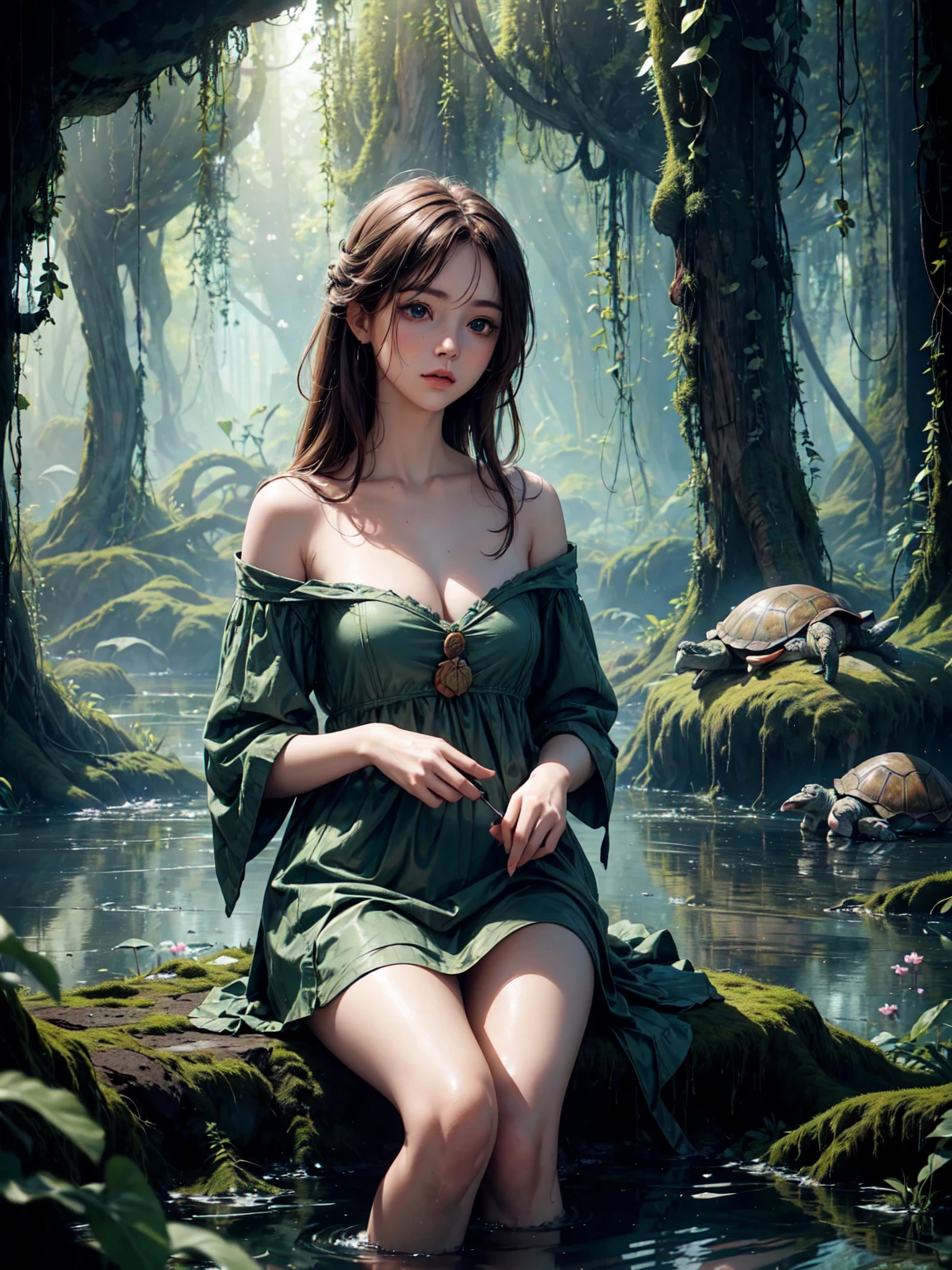 [Core Concept] A portrait of Lucy Fleming, a young woman, accompanied by a small turtle in a muddy swamp.

[Character Description] Lucy Fleming is depicted as a delicate, ethereal figure with porcelain-like features and a serene expression. Her long, flowing hair frames her face, adding to her graceful, almost otherworldly presence.

[Environment/Background] The scene is set in a dense, murky swamp, with the water and mud creating a moody, atmospheric backdrop. The small turtle, nestled near Lucy, adds a sense of tranquility and harmony to the overall composition.

[Style and Atmosphere] The artwork has a highly detailed, hyper-realistic style, capturing the textures and nuances of the subject matter with exceptional clarity. The overall atmosphere is one of quiet contemplation and a connection with the natural world.

[Composition] The composition places Lucy at the center, with the turtle occupying a prominent position in the foreground. The framing and lighting create a sense of intimacy and focus, drawing the viewer's attention to the intricate details of the characters and their environment.

[Details and Embellishments] The artwork is rendered with the highest level of craftsmanship, showcasing exquisite attention to detail in the rendering of Lucy's delicate features, the turtle's intricate shell, and the textures of the swampy setting.

[Technical Specifications] This work is a masterpiece, crafted with the utmost skill and care, and presented at a super-high resolution to capture every nuance and detail with stunning clarity.