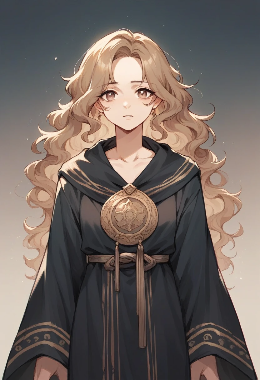 Girl with light brown eyes, brown wavy hair and black fantasy robe
