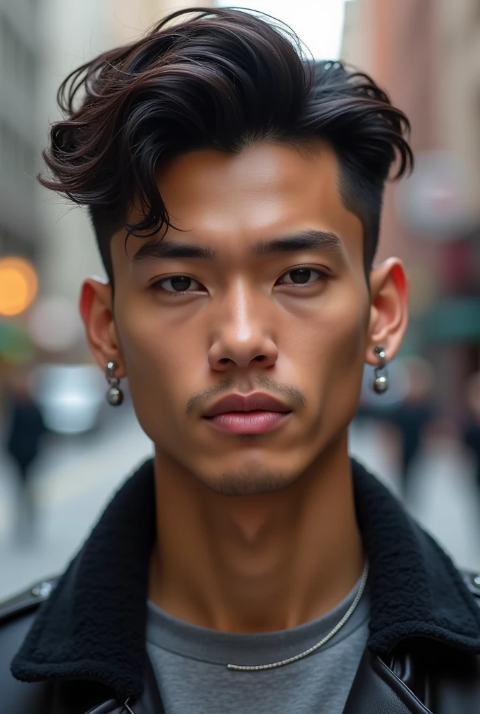 Man with urban flow light brown complexion, with plucked eyebrow and part and ear piercing 