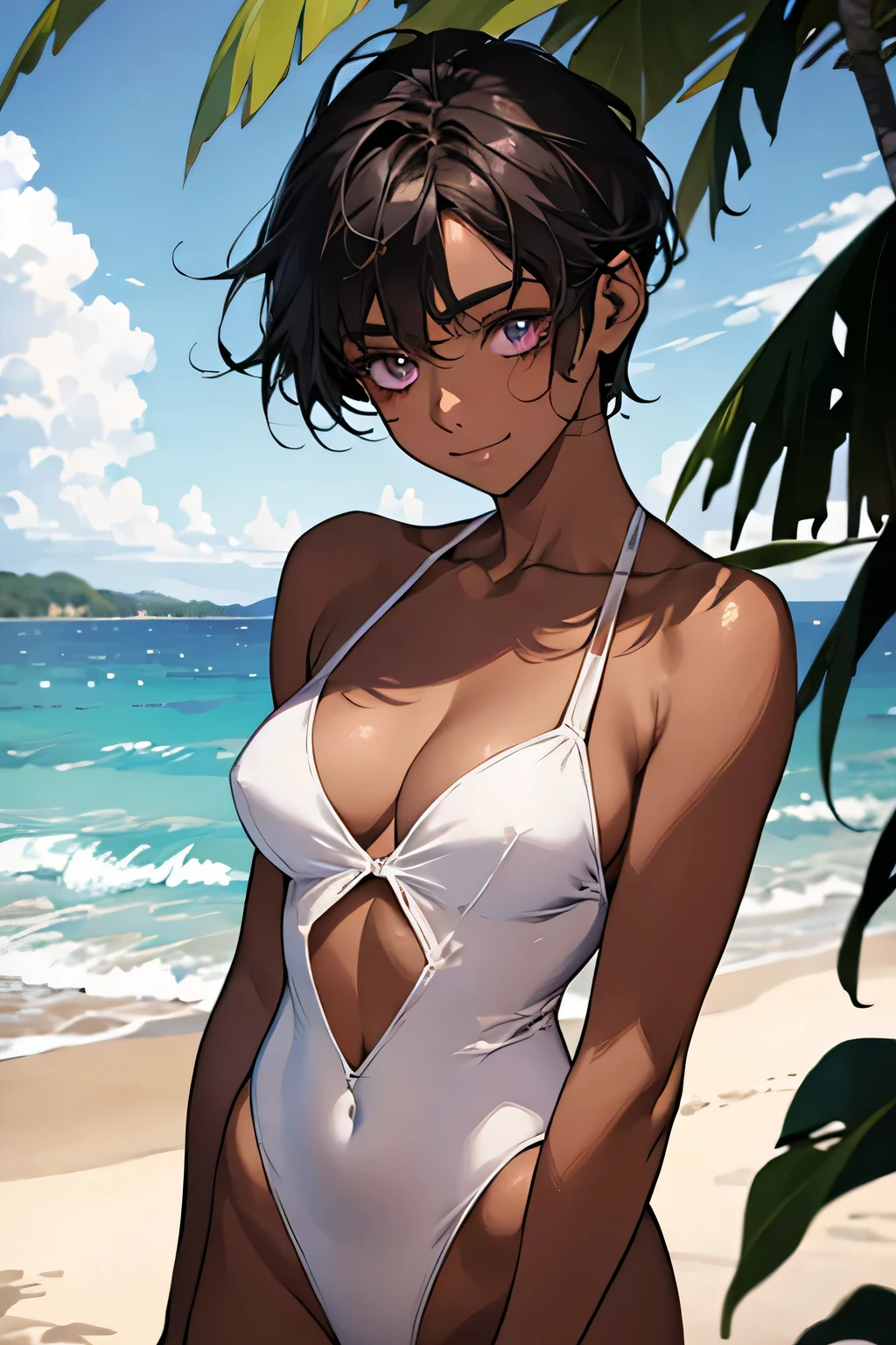 Ocean，Young Woman，Are standing，Small Head，The best smile，short hair，Black Hair，Lilac eyes，Large Breasts，Cleavage，(White swimsuit)，(Chocolate brown skin)