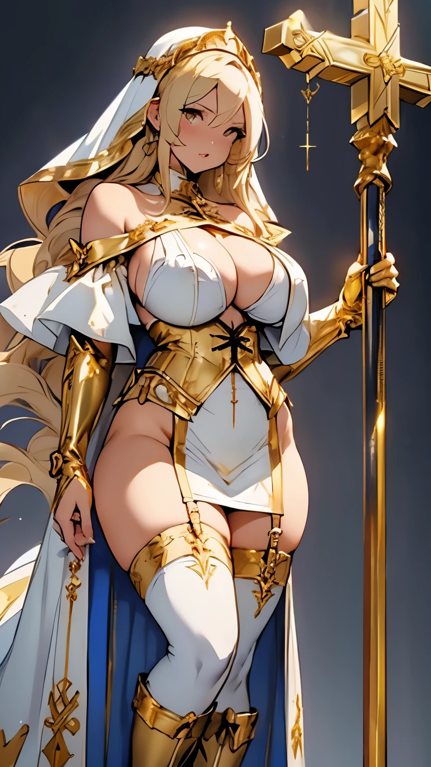 Blonde、Nuns、(Great gold gauntlet、Gold Long Boots)、(Very short blue bodycon dress、Off the shoulder、White knee-high socks、Gold cross decoration、Gold Garter Belt、Gold string panties )、(Huge breasts、Sideboob、Wide Hips、Thick thighs、Plump、curve、glamorous)、NSFW、Holding a giant gold cross mace、Wear a white veil