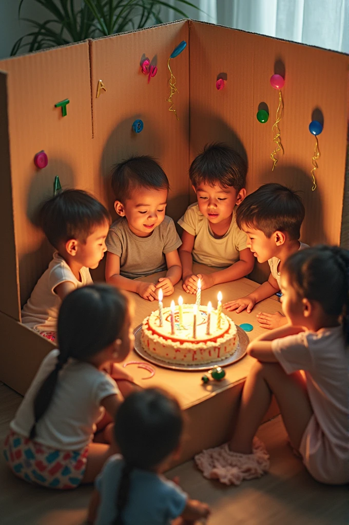 A birthday party inside a cardboard box