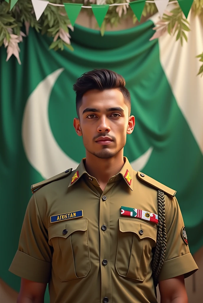 Make an avatar on young military soldiers 22 year old boy in Pakistan military uniform and a name affan on his shirt and make background theme on 14 August independence day