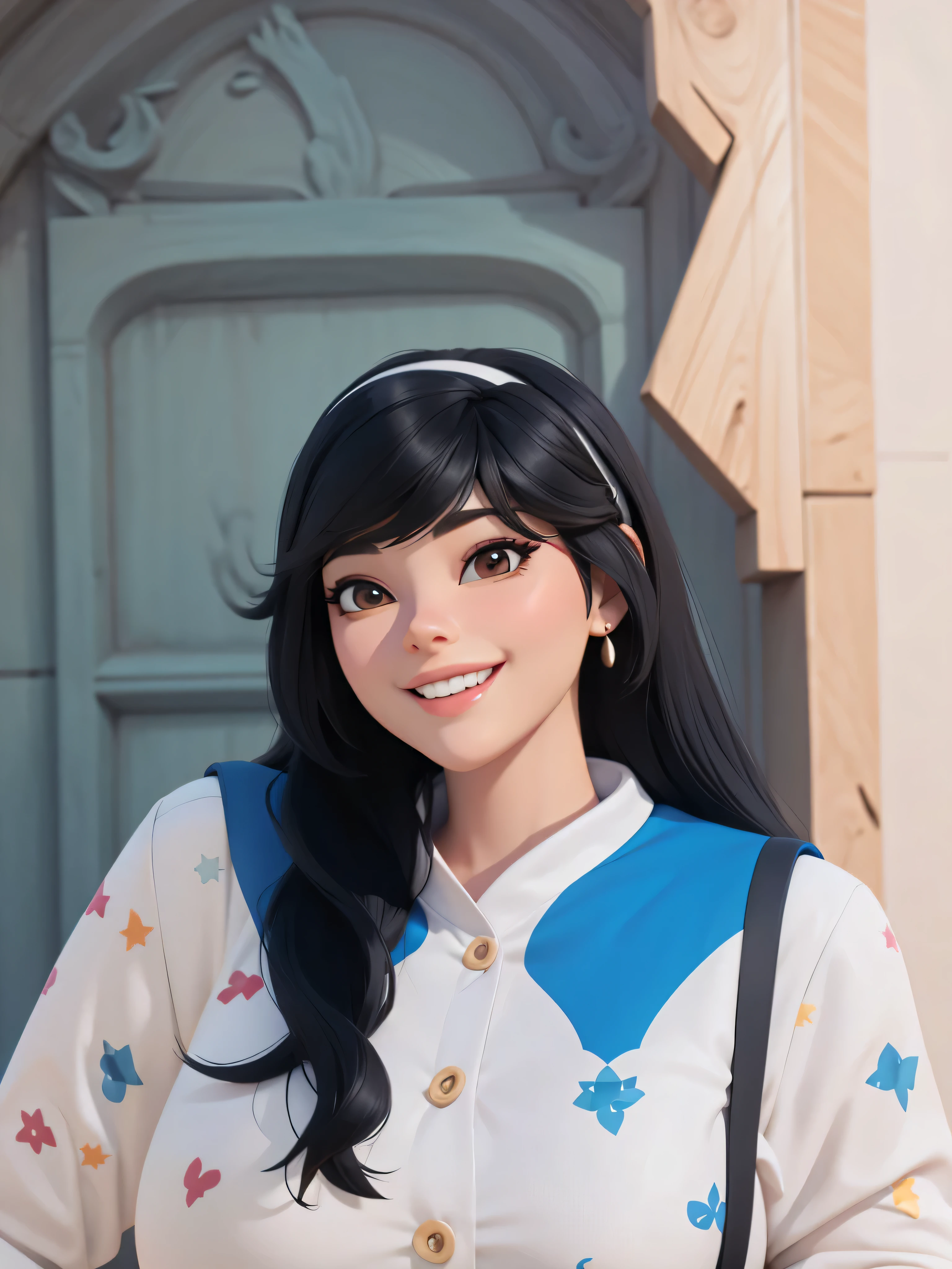 A woman, beautiful black hair, half body, smiling cheerfully,  3D cartoon, realistic, detailed, 