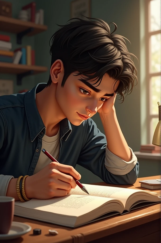 a handsome boy write abook and side corner show text contant writer or blog writer