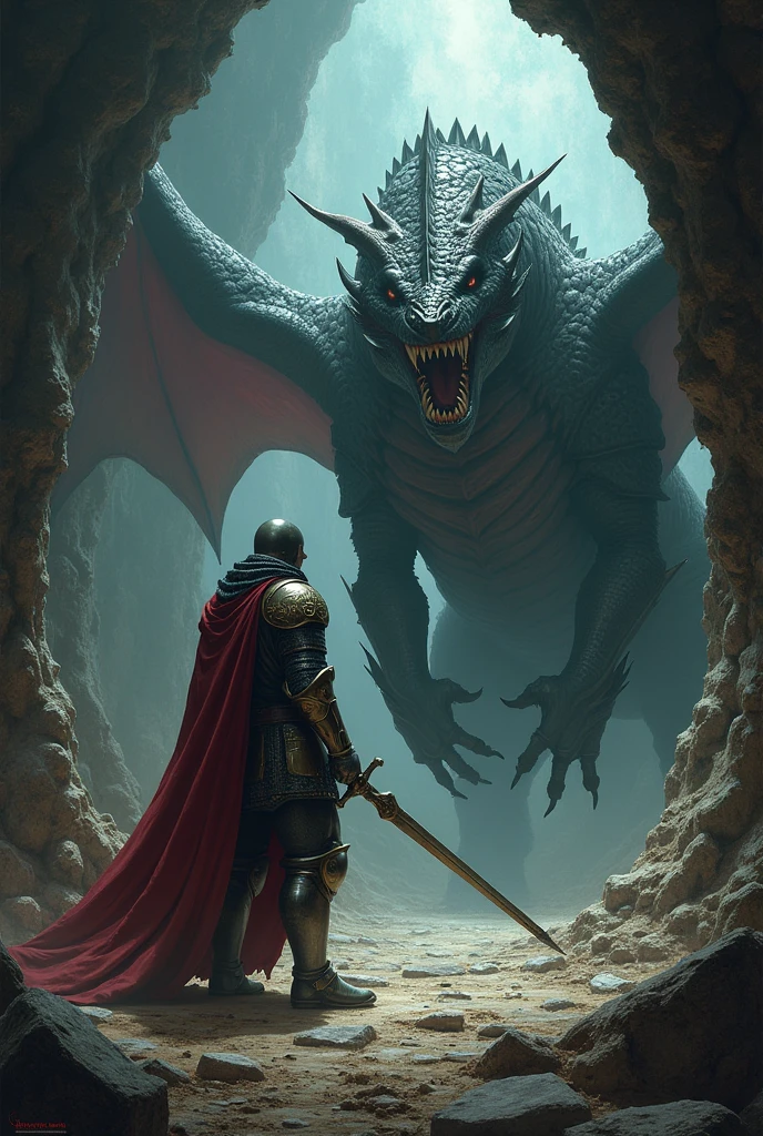 Knight Ivan,Fighting the dragon, In a dark cave, masterpiece:1.2, ultra detailed, realistic:1.37, Sharp Focus, bright colors, hips, Dramatic chiaroscuro, Horror, Kingdom&#39;s Delight