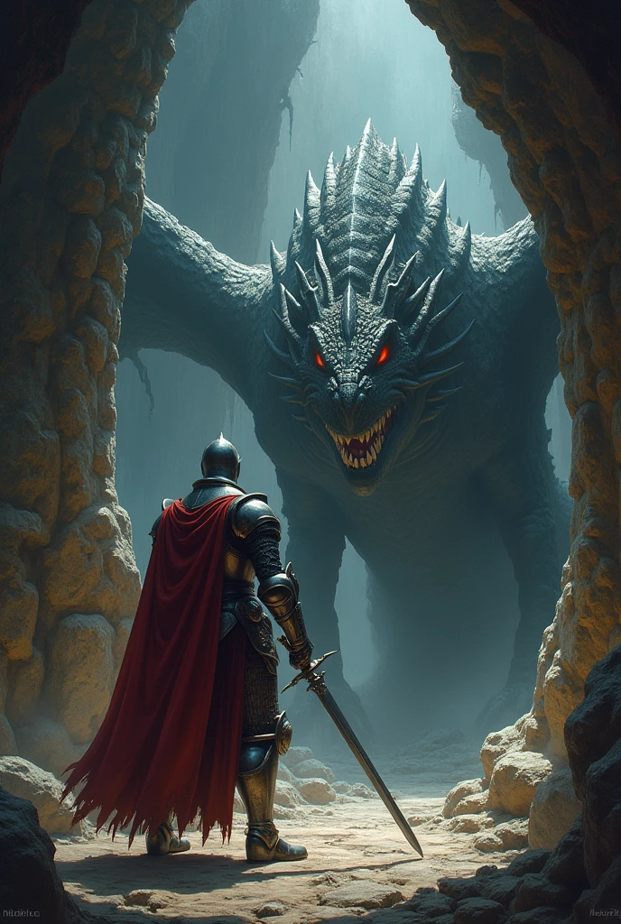 Knight Ivan,Fighting the dragon, In a dark cave, masterpiece:1.2, ultra detailed, realistic:1.37, Sharp Focus, bright colors, hips, Dramatic chiaroscuro, Horror, Kingdom's Delight