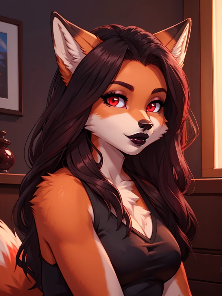 Best quality, furry girl red fox with red eyes, with black long hair, with black spout, with burgundy lipstick, big lips, in a classic women's black jacket, with a black choker around his neck, in a spy costume, turning my back, sexy pose, stands heroically against the backdrop of the night Soviet city, noir