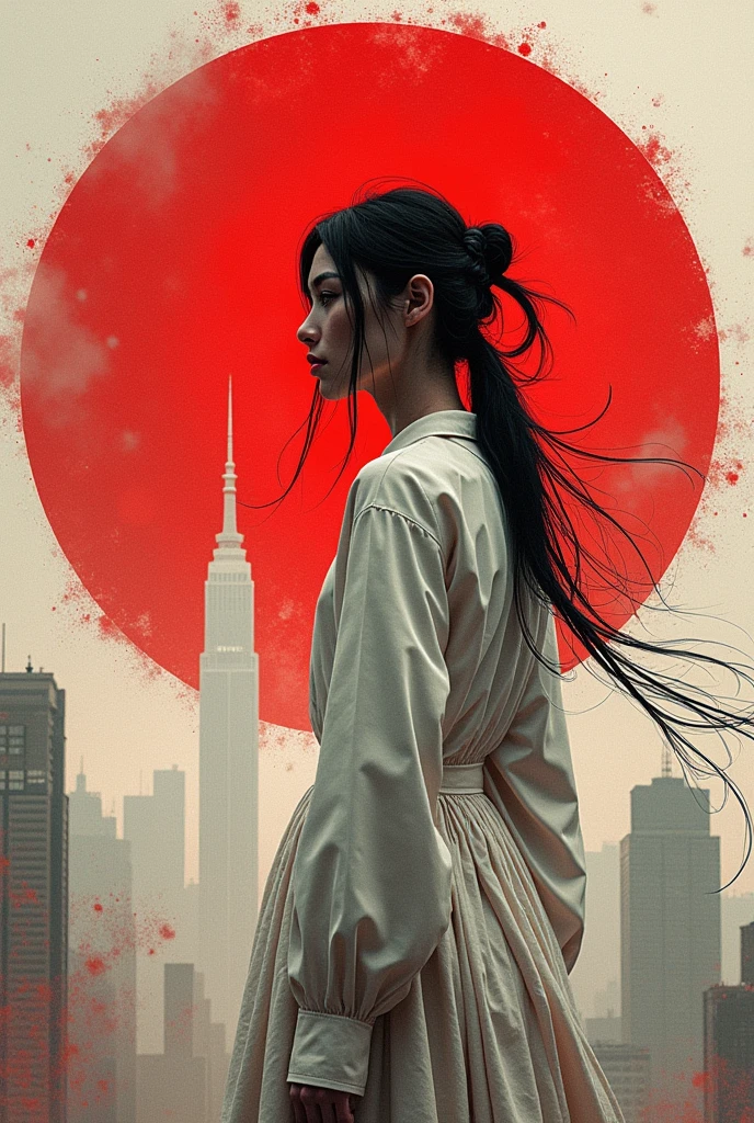 ral-ertmsphr otclillsn carcosa city, cybersecurity meme, data flows, dynamic movement, Red and white, a casual vintage goddess inside the circle, LOOKING CURIOUS, Through the city of Y Shinkawa