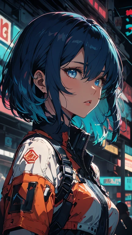 A cyberpunk-style woman with sapphire blue hair in a bob cut, blue eyes, and a haughty expression, standing on a night street with neon lights, under a dramatic lighting and angle, looking away, in a fantastically noir style, high-quality illustration with depth of field.
