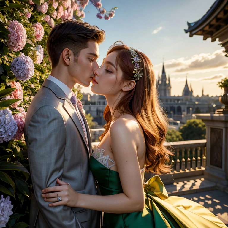 (​masterpiece, best quality:1.5), highest quality, High resolution, super detailed, Realists, Upper body photo of a red-haired flower girl and a boy in a suit, detailed and beautiful eyes, beautiful detailed lips, very detailed eyes and face, longeyelashes, Young girl in short dress made of shiny green satin fabric, Beautiful and colorful makeup, elegant and noble々Pose,shiny satin headband, grind, Holding flowers, Gardens as background, soft daylight, bright colors, fine brushstrokes, Portrait style, Noble details in the dress fabric, beautiful color palette, glowing skin, First-class rendering, that captures every detail, enchanting atmosphere, subtle shadows and lights, (perfect anatomy:1.2), (The stunning flower girl is in love with a boy in a grey suit. Exchanging glances. First kiss. Grabs the hips from behind (magnificent panorama view:1.2)