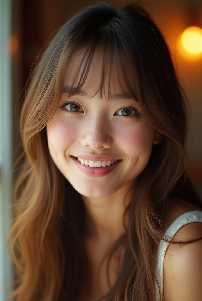 "A close-up selfie of a young woman with long, light brown hair and straight-cut bangs, gazing directly at the camera with a slight smile. The photo is taken indoors, likely in a well-lit environment with a warm, inviting ambiance."