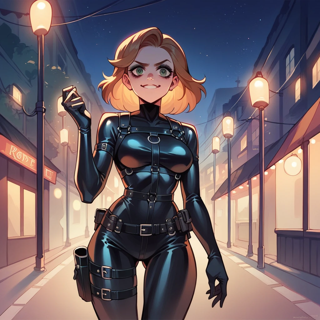 Extremely detailed, very sharp, best quality, female, Sophie Thatcher face, black rider latex suit, tall and lean body, harness, night, night street, lights, very short black haircut, dark makeup, pauldrons, holster,