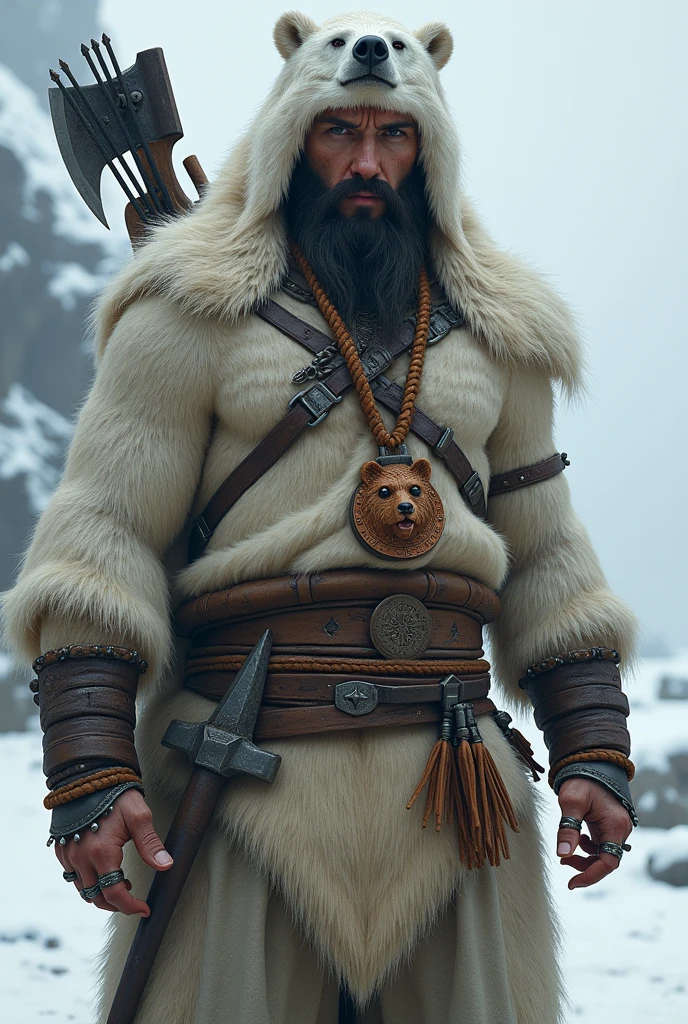 A character from Dungeons and Dragons who is a human ranger, is around 30 years old, slender and with few muscles, dark haired, dense beard and very white skin, 1,80 metro de altura, has many tribal tattoos on his face and forehead, dresses in a large polar bear skin, Use a polar bear&#39;s head as a hat to protect yourself from the cold, You can still see the teeth in the mouth of the bear&#39;s head. Complete with light clothing to disguise yourself in the snow-white landscape, carries a bow and arrows on his back, has an ax and a dagger strapped to his waist. He has a necklace with a pendant in the shape of a bear carved in wood around his neck, which is the mark of his ancient tribe., rings on his fingers and has a hard, distant look. Don&#39;t forget the bear&#39;s head leather as a hat