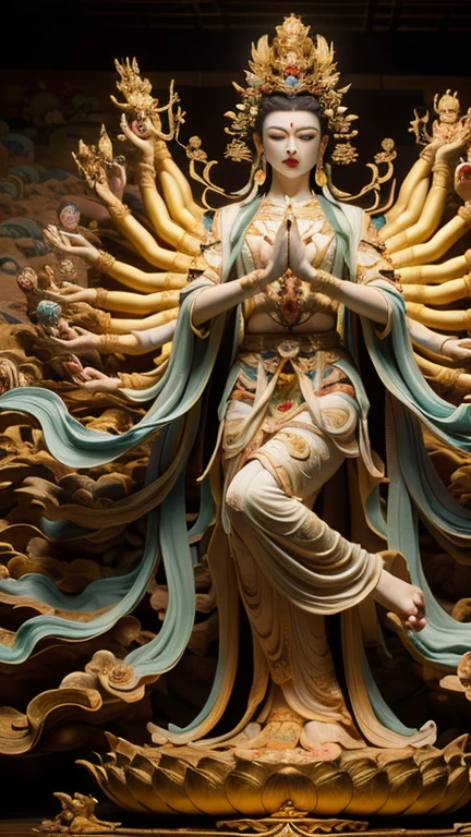 masterpiece,Best quality at best,UHD,8k wallpaper,actual,masterious,(realisticlying:1.4),1 Giant Girl,full bodyesbian, a golden statue of Thousand Hands Guan yin , Multiple hands holding some holly chinese weapons, ancient style, Eau,wave,