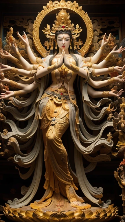 masterpiece,Best quality at best,UHD,8k wallpaper,actual,masterious,(realisticlying:1.4),1 Giant Girl,full bodyesbian, a golden statue of Thousand Hands Guan yin , Multiple hands holding some holly chinese weapons, ancient style, Eau,wave,