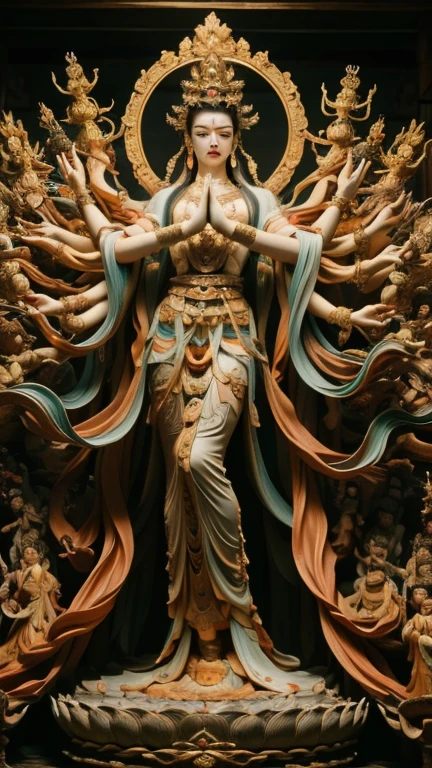 masterpiece,Best quality at best,UHD,8k wallpaper,actual,masterious,(realisticlying:1.4),1 Giant Girl,full bodyesbian, a golden statue of Thousand Hands Guan yin , Multiple hands holding some holly chinese weapons, ancient style, Eau,wave,