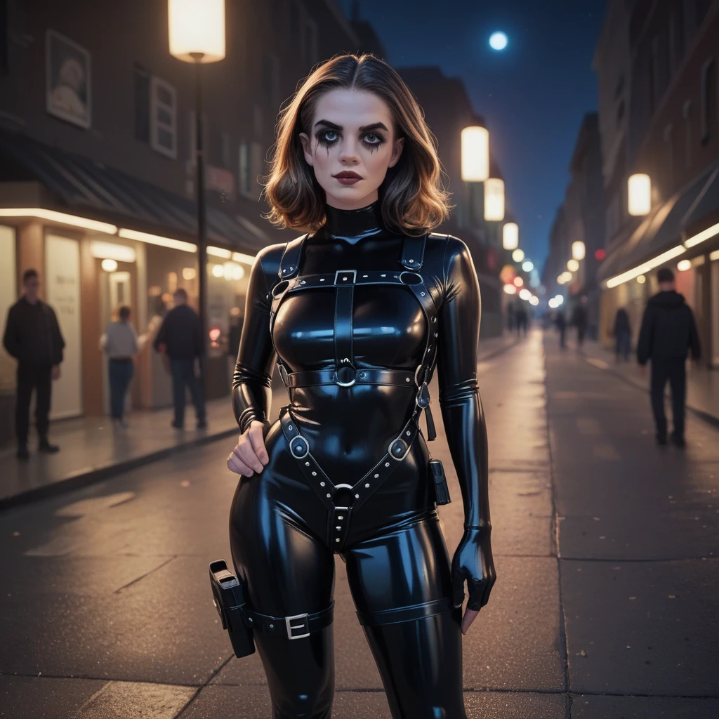 Extremely detailed, very sharp, best quality, female, Sophie Thatcher face, black rider latex suit, tall and lean body, harness, night, night street, lights, very short black haircut, dark makeup, pauldrons, holster,