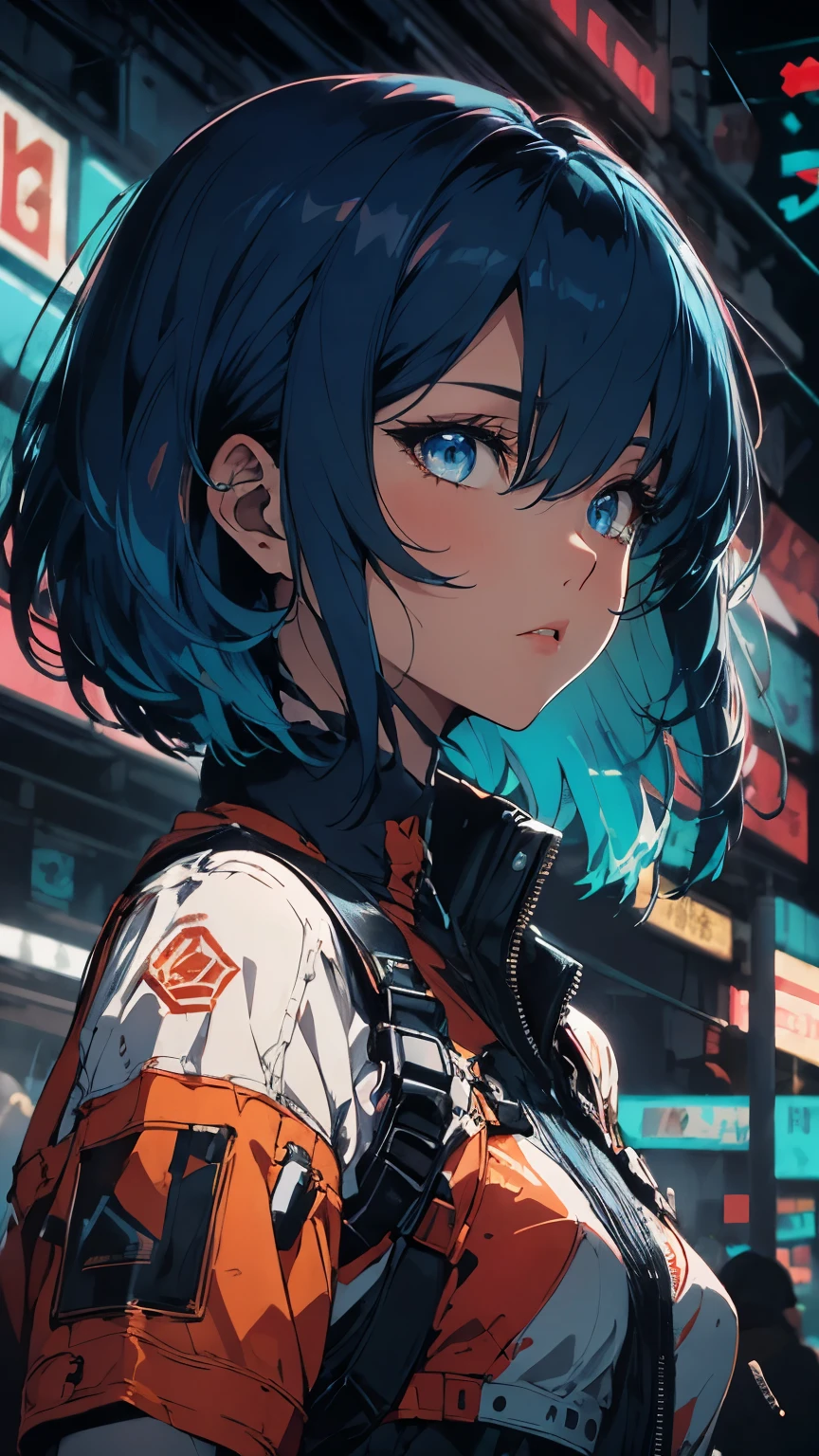 A cyberpunk-style woman with sapphire blue hair in a bob cut, blue eyes, and a haughty expression, standing on a night street with neon lights, under a dramatic lighting and angle, looking away, in a fantastically noir style, high-quality illustration with depth of field.