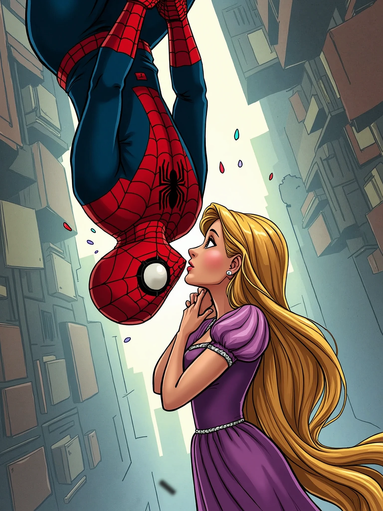 Make a comic book style one where Spiderman and Rapunzel kiss while Spiderman hangs upside down from his web. Rapunzel has to stand holding her face, which will be uncovered and Spiderman's face will be visible and it will be seen that he is Peter Parker